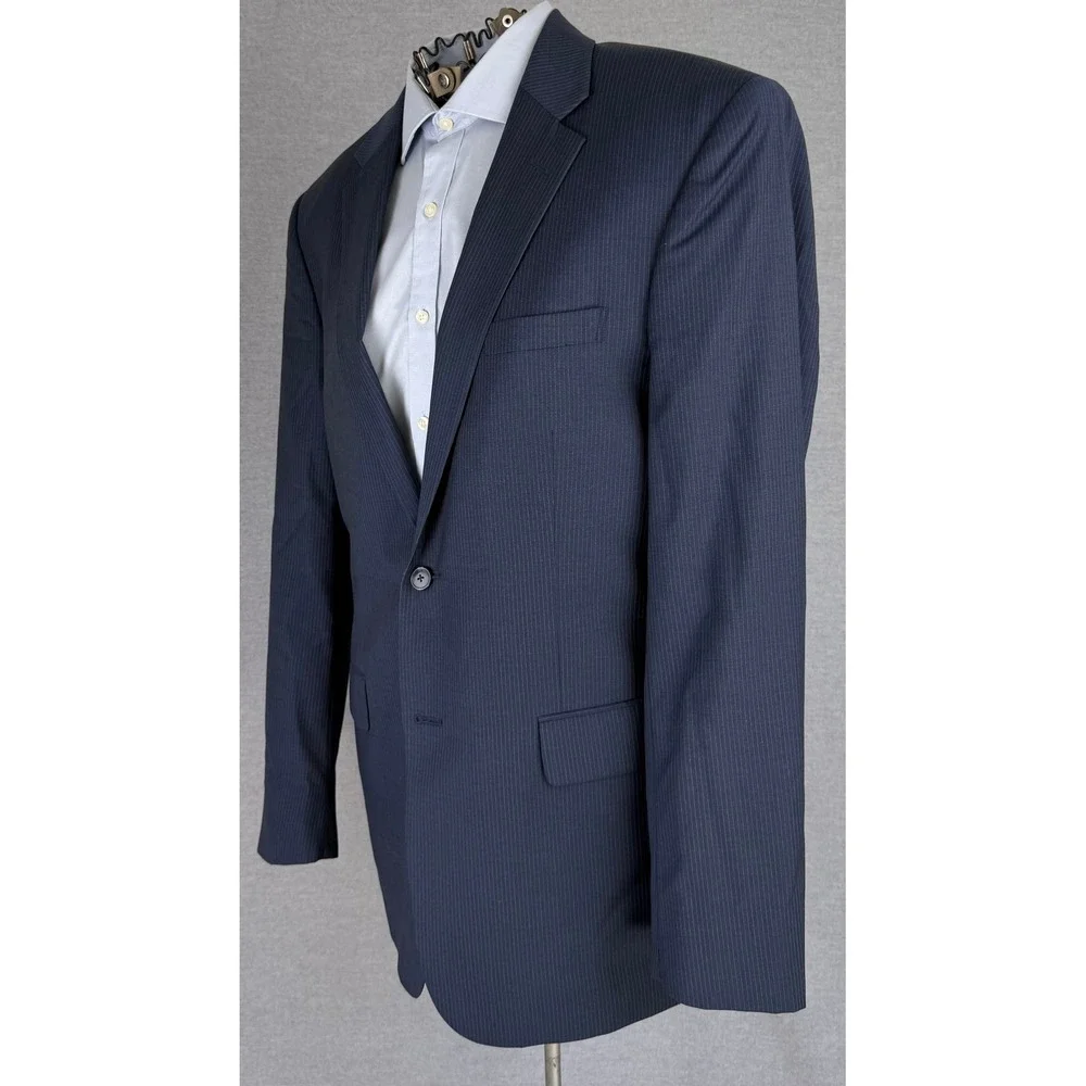 Jos A Bank Travelers Collection Suit Mens 43L 33x32 Navy Blue Pinstripe Wool 2pc